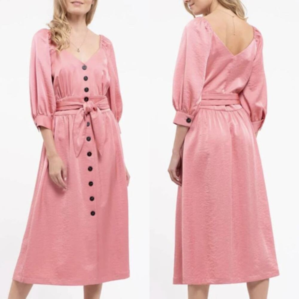 NWT Moon River by Anthropologie Puff Sleeve Button Down Belted Midi Dress Pink M